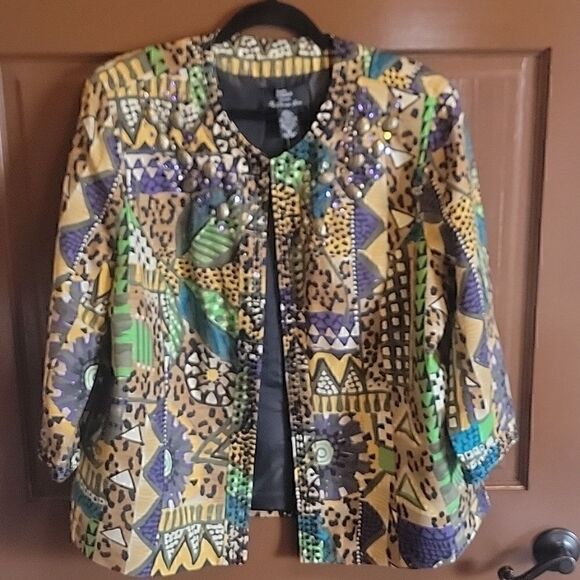 Trenz Jackets & Blazers - Trenz-Silk purple & green print jkt. 1X. NWT. 3/4 Sleeves. Round neck.